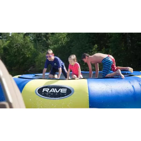 3 kids playing in Rave Sports Aqua Jump 120 Water Trampoline 00120