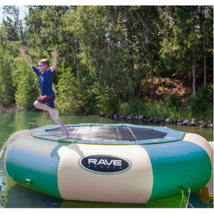 A kid jumping out the Rave Sports Aqua Jump 150 Northwoods Water Trampoline 00151