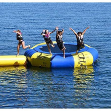 Load image into Gallery viewer, 4 people jumping out the Rave Sports Aqua Jump Eclipse 150 Water Trampoline 00150