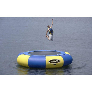 A man jumping on the Rave Sports Aqua Jump Eclipse 150 Water Trampoline 00150