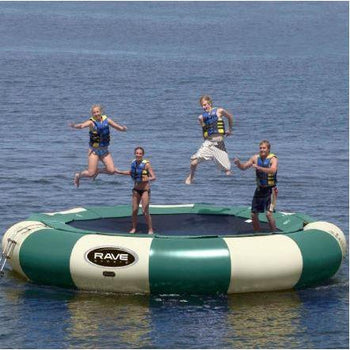 4 people enjoying the Rave Sports Aqua Jump 200 Northwoods Water Trampoline 00201