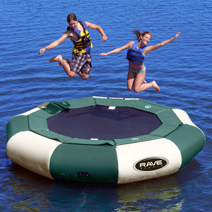 2 people jumping in Rave Sports Aqua Jump Eclipse 120 Northwood's Water Trampoline 00121