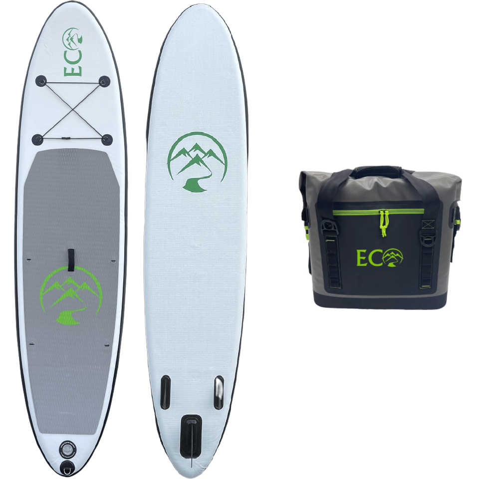 Inflatable stand up paddleboard - Eco Outfitters Inflatable Stand Up Paddle Board 10'6 grey with the roll top soft cooler