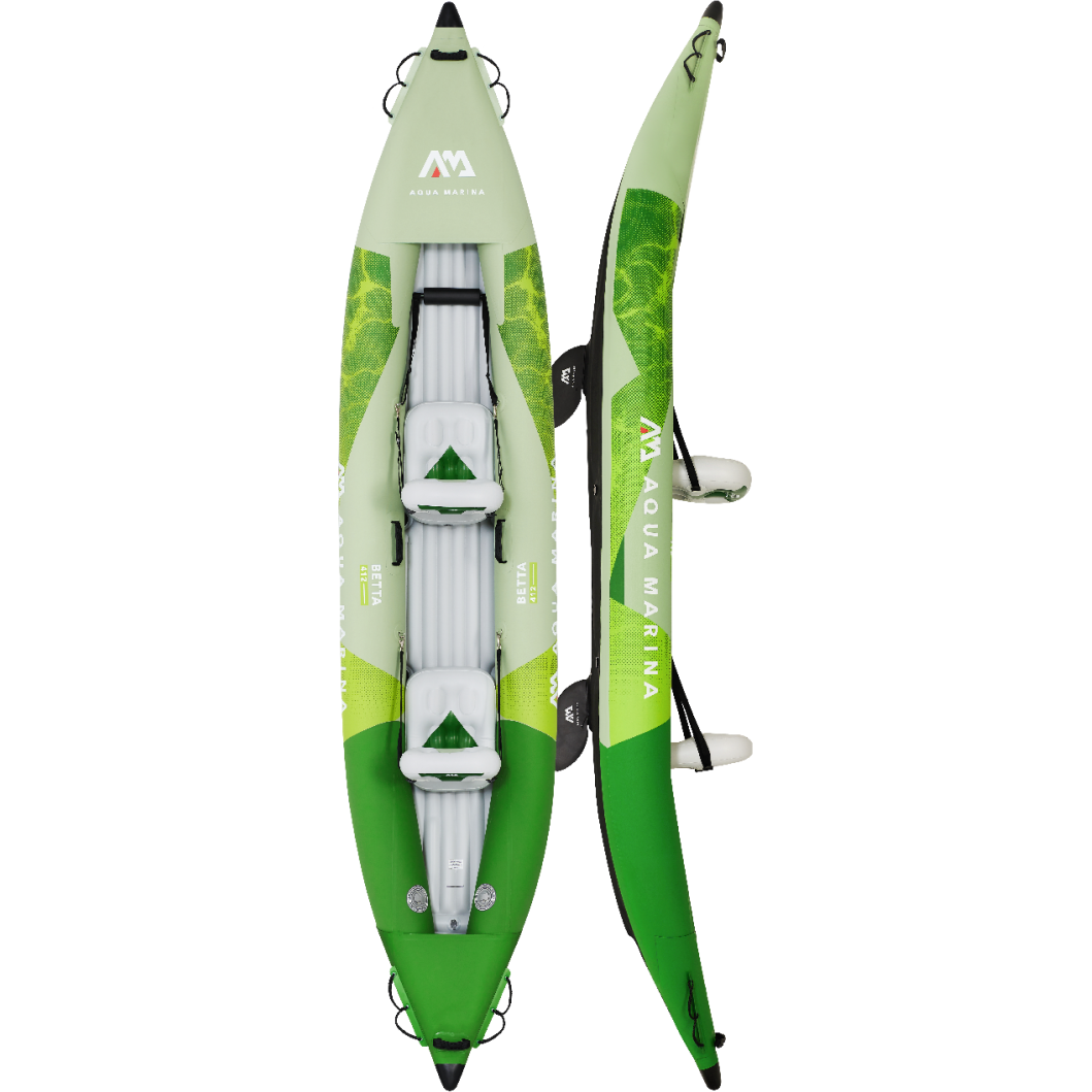 Inflatable Kayak -New 2022 Aqua Marina Betta 13'6" (412cm) Recreational Inflatable 2 Person Kayak BE-412-22 front and back view