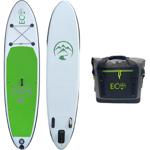 Inflatable stand up paddleboard - Eco Outfitters Inflatable Stand Up Paddle Board 10'6 green with the roll top soft cooler