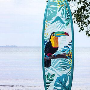 Pulse The Summy 11' Rectech Board standing on a beach