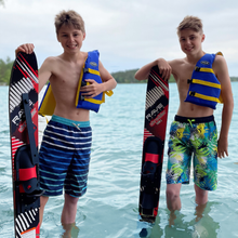 Load image into Gallery viewer, 2 teen boys standing and holding Rave Shredder Combo Water Skis