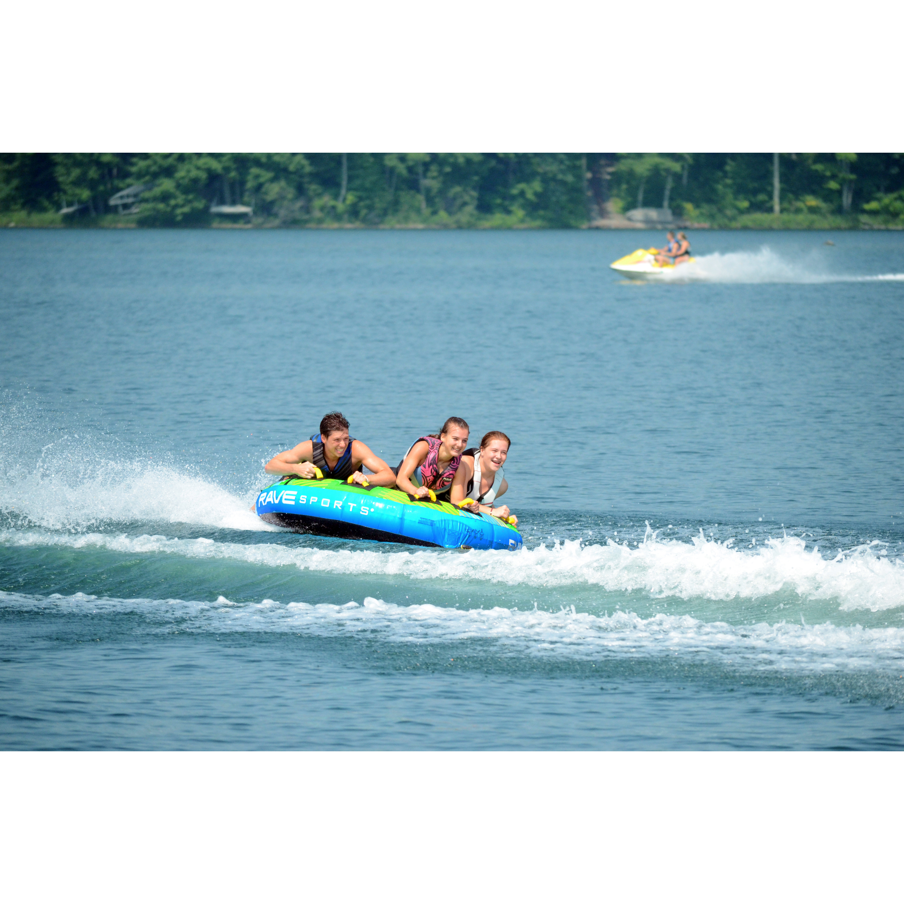 Rave The Goat 3P Towable Tube being towed with 3 people riding on it