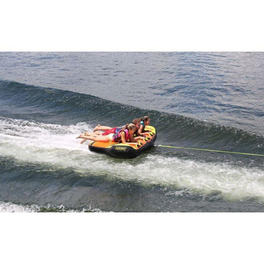 3 people enjoying riding on the Connelly Raptor 3 Person Towable Tube