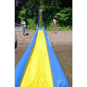 Kids having fun water sliding with the Rave Sports 116' Turbo Chute Package 02971-12