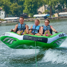 Load image into Gallery viewer, Rave Wake Hawk Towable Tube being towed with 3 people riding it
